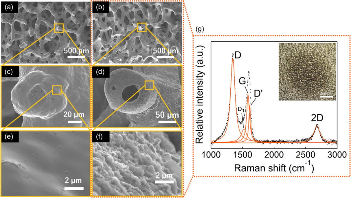 Scanning electron microscopic images of the three dimensional (3D-) Ni foam before (a, c, e) and after (b, d, f) the in-liquid-plasma carbon deposition. Raman spectrum of (g) the deposited carbon formed on the 3D-Ni foam.